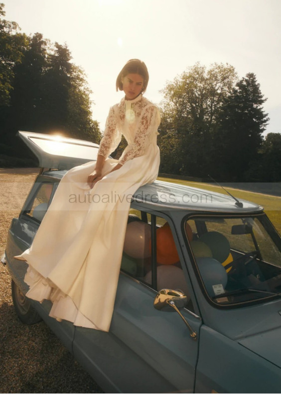 Strapless Ivory Satin Wedding Dress With Lace Jacket